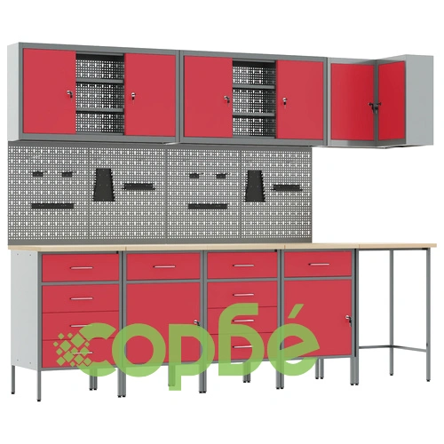 Комплект работен шкаф с 12 части, Червен, MDF и Метал, 255x55x220 см ➤ топ цена ➤ sorbe.bg