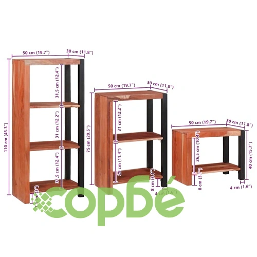 Рафт за книги от масивна акациева дървесина, 3 броя, кафяв, 50 x 30 x 110 см ➤ топ цена ➤ sorbe.bg