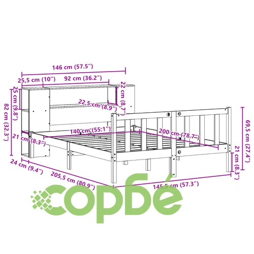Легло от масивна борова дървесина с етажерка за книги, 140x200 см, бяло ➤ топ цена ➤ sorbe.bg