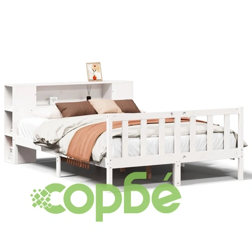 Легло от масивна борова дървесина с етажерка за книги, 140x200 см, бяло ➤ топ цена ➤ sorbe.bg