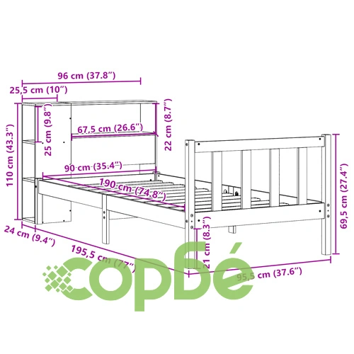 Легло от масивен бор с рафтове за книги, 90x190 см, бяло, без матрак ➤ топ цена ➤ sorbe.bg