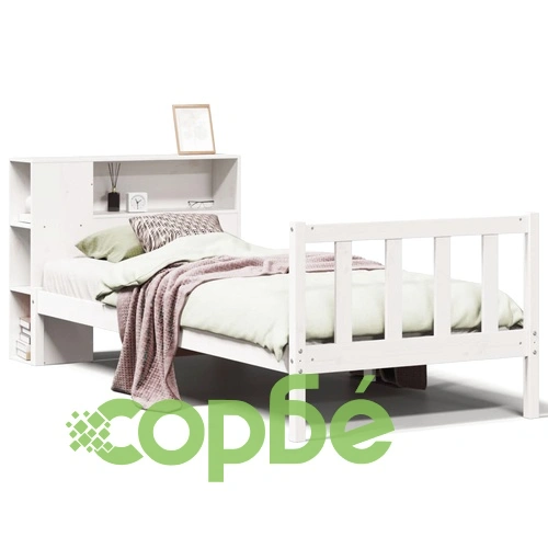 Легло от масивен бор с рафтове за книги, 90x190 см, бяло, без матрак ➤ топ цена ➤ sorbe.bg