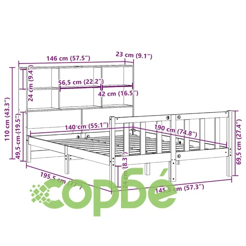 Легло от масивен бор с етажерка за книги, 140x190 см, без матрак ➤ топ цена ➤ sorbe.bg