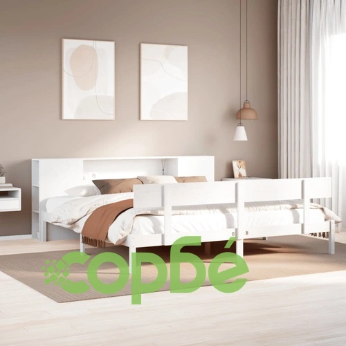 Легло с етажерка за книги от масив бор, 200x200 см, бяло, без матрак ➤ топ цена ➤ sorbe.bg