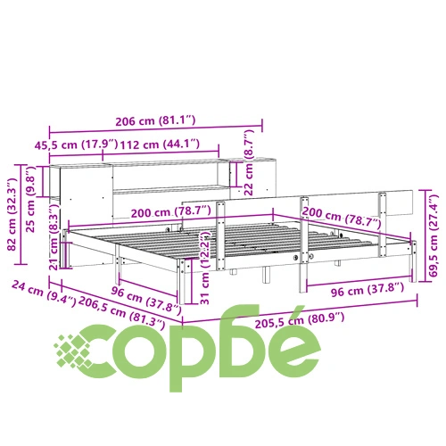 Легло с етажерка за книги от масив бор, 200x200 см, бяло, без матрак ➤ топ цена ➤ sorbe.bg