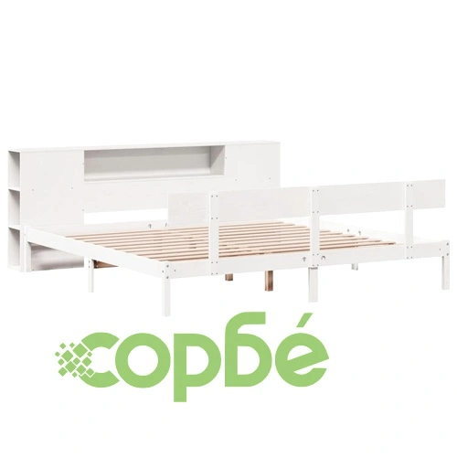 Легло с етажерка за книги от масив бор, 200x200 см, бяло, без матрак ➤ топ цена ➤ sorbe.bg