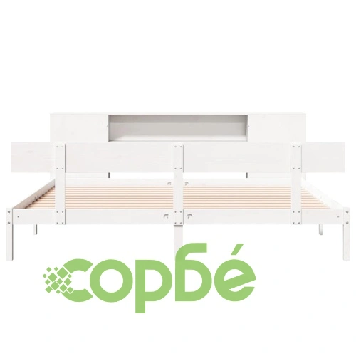 Легло с етажерка за книги от масив бор, 200x200 см, бяло, без матрак ➤ топ цена ➤ sorbe.bg