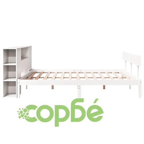 Легло с етажерка за книги от масив бор, 200x200 см, бяло, без матрак ➤ топ цена ➤ sorbe.bg