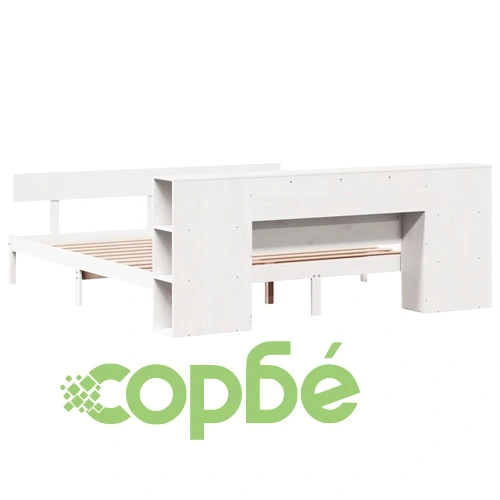 Легло с етажерка за книги от масив бор, 200x200 см, бяло, без матрак ➤ топ цена ➤ sorbe.bg