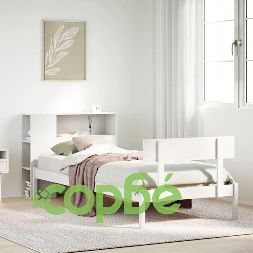 Дървено легло от масив бор с етажерка за книги, 90x200 см, бяло, без матрак ➤ топ цена ➤ sorbe.bg