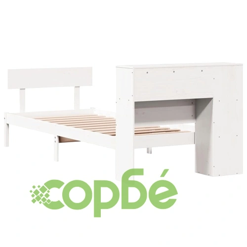 Дървено легло от масив бор с етажерка за книги, 90x200 см, бяло, без матрак ➤ топ цена ➤ sorbe.bg