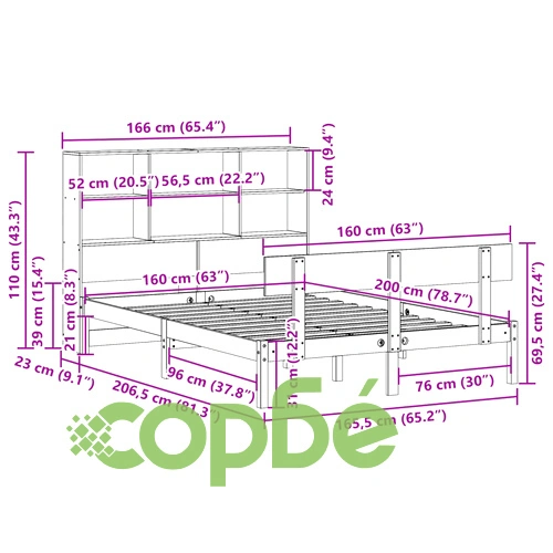 Легло от масивна борова дървесина с етажерка за книги, 160x200 см, без матрак ➤ топ цена ➤ sorbe.bg
