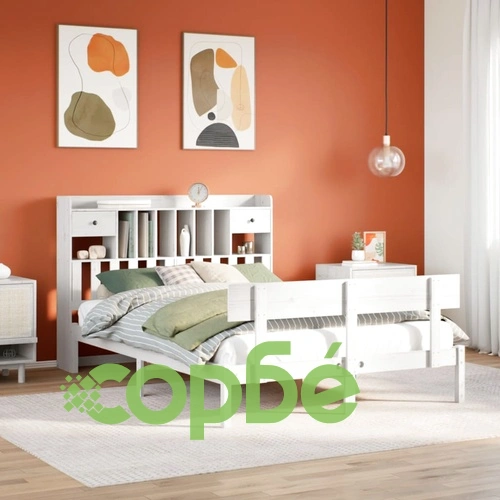 Легло с етажерка за книги от бор масив, 140x190 см, бяло, без матрак ➤ топ цена ➤ sorbe.bg