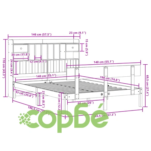 Легло с етажерка за книги от бор масив, 140x190 см, бяло, без матрак ➤ топ цена ➤ sorbe.bg
