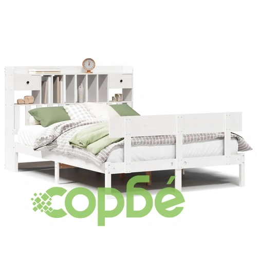 Легло с етажерка за книги от бор масив, 140x190 см, бяло, без матрак ➤ топ цена ➤ sorbe.bg