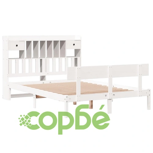 Легло с етажерка за книги от бор масив, 140x190 см, бяло, без матрак ➤ топ цена ➤ sorbe.bg