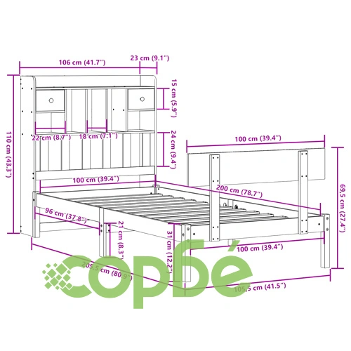 Легло от масив бор с етажерка за книги, 100x200 см, без матрак ➤ топ цена ➤ sorbe.bg
