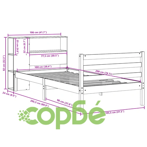 Легло от масивна борова дървесина с етажерка за книги, 100x200 см, без матрак ➤ топ цена ➤ sorbe.bg
