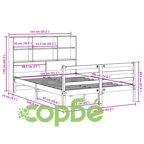 Легло от масивен бор с етажерка за книги, 135x190 см, без матрак ➤ топ цена ➤ sorbe.bg