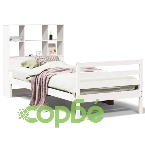 Легло с етажерка за книги от бор масив, бяло, 90x200 см, без матрак ➤ топ цена ➤ sorbe.bg