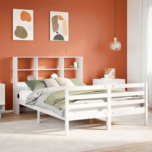 Легло от масивен бор с етажерка за книги, 150x200 см, бяло, без матрак