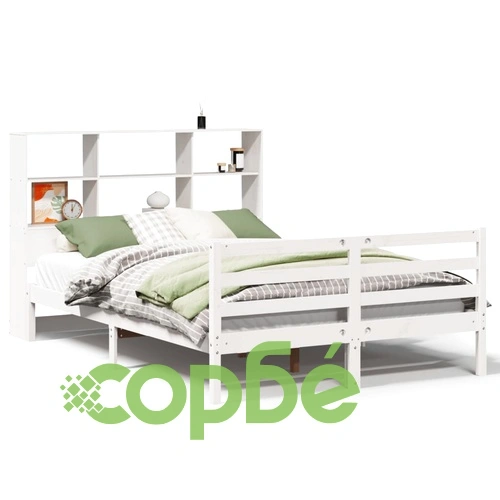 Масивно борово легло с етажерка за книги, 160x200 см, бяло, без матрак ➤ топ цена ➤ sorbe.bg