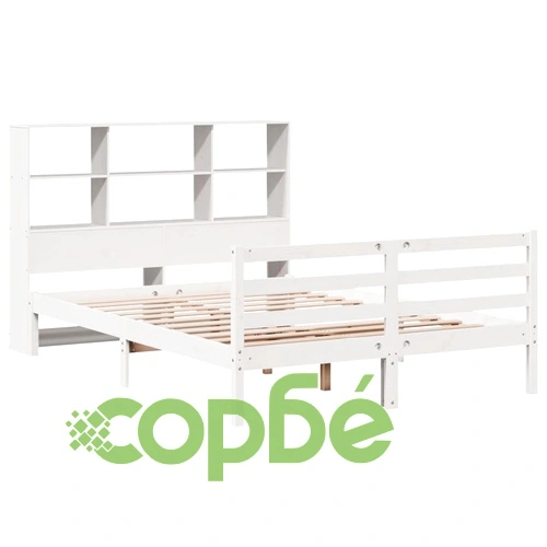 Масивно борово легло с етажерка за книги, 160x200 см, бяло, без матрак ➤ топ цена ➤ sorbe.bg