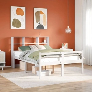 Легло с етажерка за книги от масив бор, 135x190 см, бяло