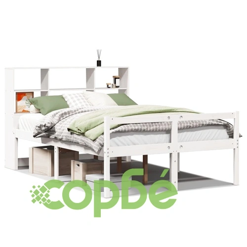 Легло с етажерка за книги от масив бор, 135x190 см, бяло ➤ топ цена ➤ sorbe.bg