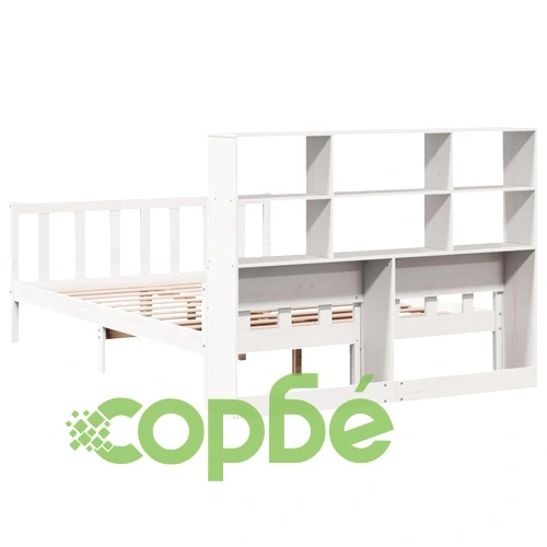 Легло с етажерка за книги от масивна борова дървесина, 150x200 см, бяло ➤ топ цена ➤ sorbe.bg