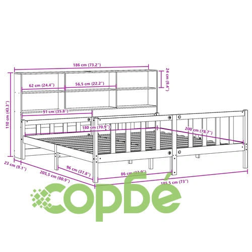 Дървено легло с етажерка за книги от масив бор, 180x200 см, без матрак ➤ топ цена ➤ sorbe.bg