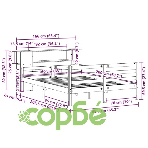 Масивно дървено легло с етажерка за книги от бор, 160x200 см, без матрак ➤ топ цена ➤ sorbe.bg