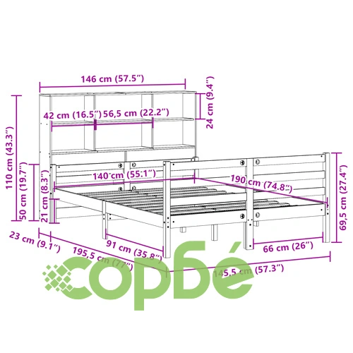 Легло от масив бор с етажерка за книги, 140x190 см, без матрак ➤ топ цена ➤ sorbe.bg