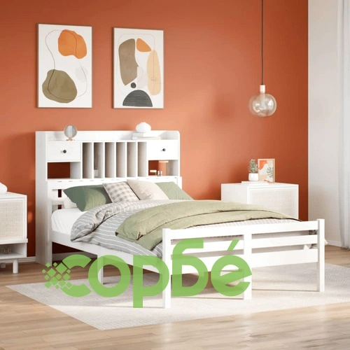 Легло от масивен бор с етажерка за книги, 135x190 см, бяло ➤ топ цена ➤ sorbe.bg