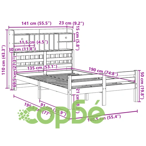 Легло от масивен бор с етажерка за книги, 135x190 см, бяло ➤ топ цена ➤ sorbe.bg