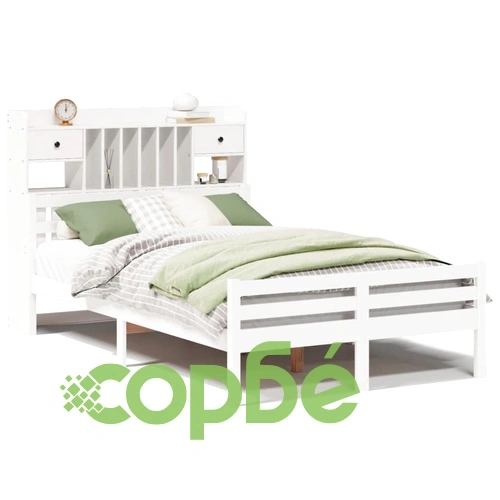 Легло от масивен бор с етажерка за книги, 135x190 см, бяло ➤ топ цена ➤ sorbe.bg