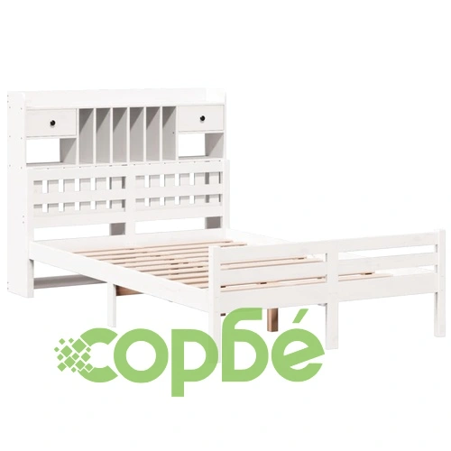 Легло от масивен бор с етажерка за книги, 135x190 см, бяло ➤ топ цена ➤ sorbe.bg