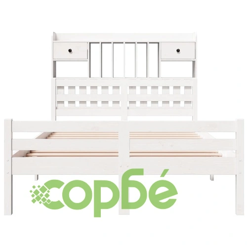 Легло от масивен бор с етажерка за книги, 135x190 см, бяло ➤ топ цена ➤ sorbe.bg