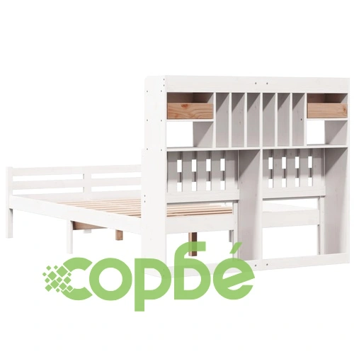 Легло от масивен бор с етажерка за книги, 135x190 см, бяло ➤ топ цена ➤ sorbe.bg