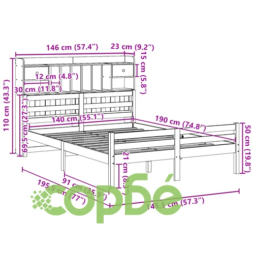 Легло от масивен бор с етажерка за книги, 140x190 см, без матрак ➤ топ цена ➤ sorbe.bg