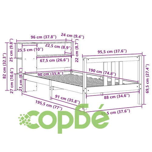 Легло с рафтове за книги от масивен бор, без матрак 90x190 см ➤ топ цена ➤ sorbe.bg