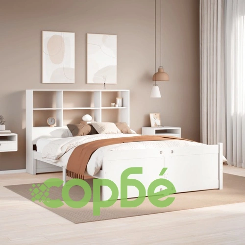 Легло от масивен бор с етажерка за книги, 140x190 см, бяло ➤ топ цена ➤ sorbe.bg