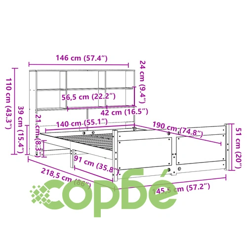Легло от масивен бор с етажерка за книги, 140x190 см, бяло ➤ топ цена ➤ sorbe.bg