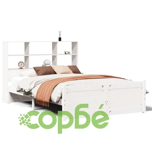 Легло от масивна борова дървесина с етажерка за книги, 160x200 см, бяло ➤ топ цена ➤ sorbe.bg