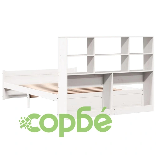 Легло от масивна борова дървесина с етажерка за книги, 160x200 см, бяло ➤ топ цена ➤ sorbe.bg