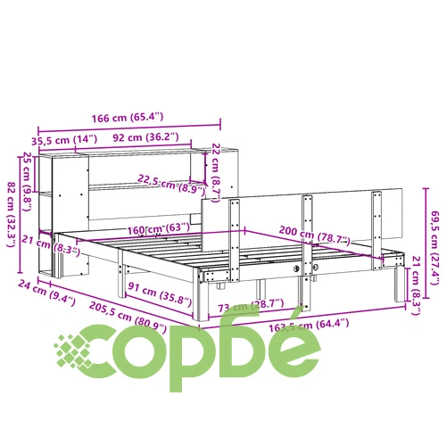 Масивно дървено легло с етажерка за книги, 160x200 см, бор ➤ топ цена ➤ sorbe.bg