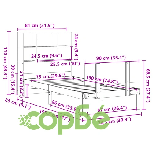 Легло от масивна борова дървесина с рафтове за книги, 75x190 см, без матрак ➤ топ цена ➤ sorbe.bg