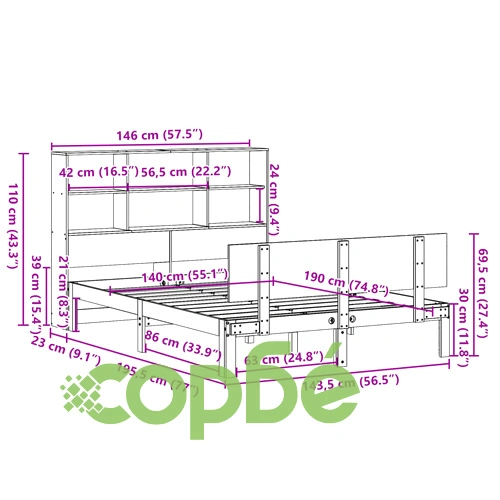 Легло от масив бор с етажерка за книги, 140x190 см, бяло, без матрак ➤ топ цена ➤ sorbe.bg