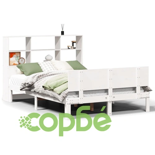 Легло от масив бор с етажерка за книги, 140x190 см, бяло, без матрак ➤ топ цена ➤ sorbe.bg