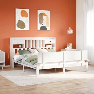 Масивно дървено легло с етажерка за книги, бор, 200x200 см, без матрак